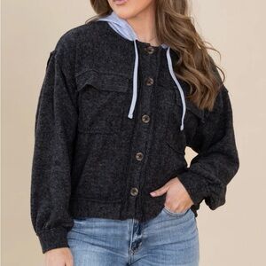 ZENANA Brushed Hacci Hooded Button Down Shacket Size S